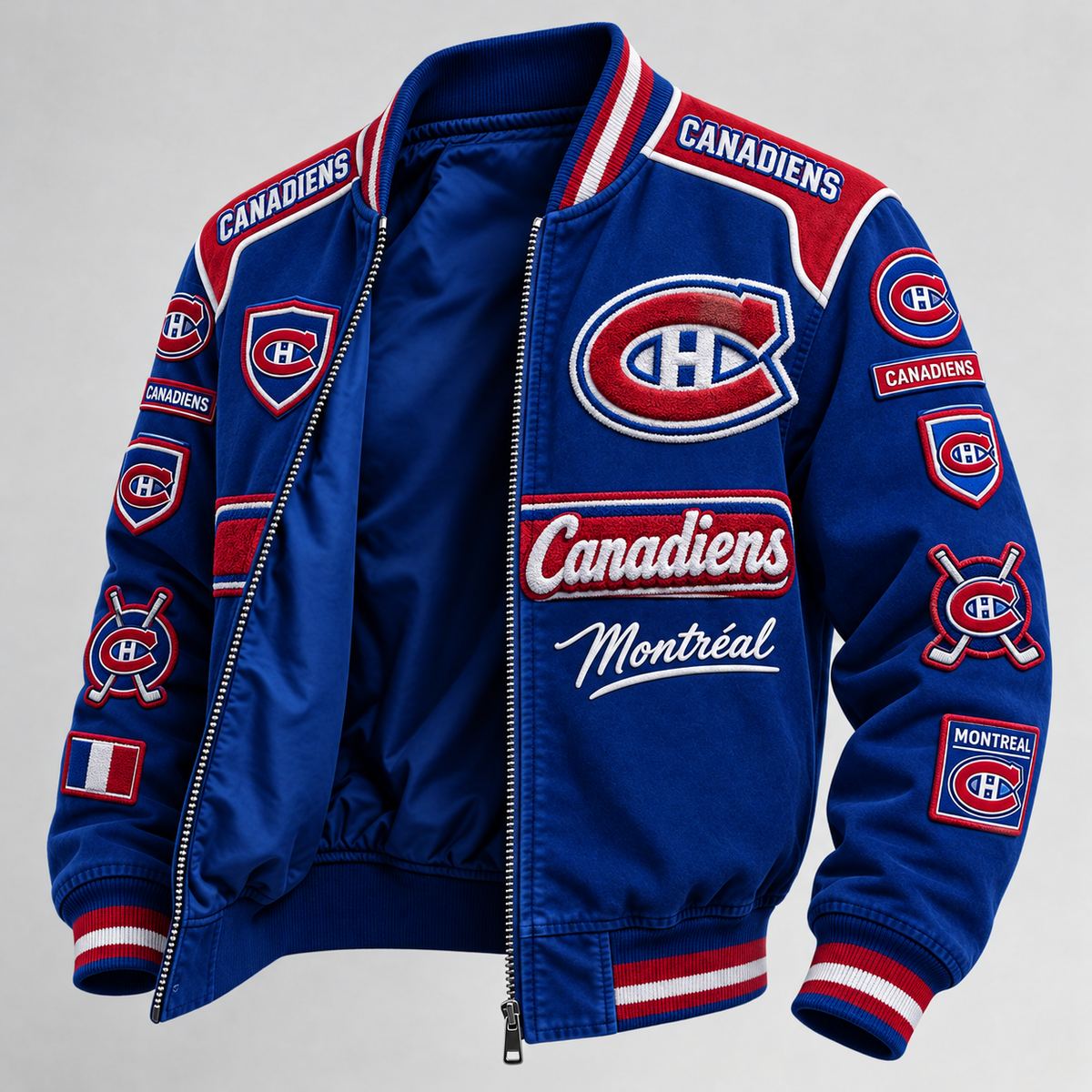 Men's Blue Bomber Jacket With Embroidered Patches