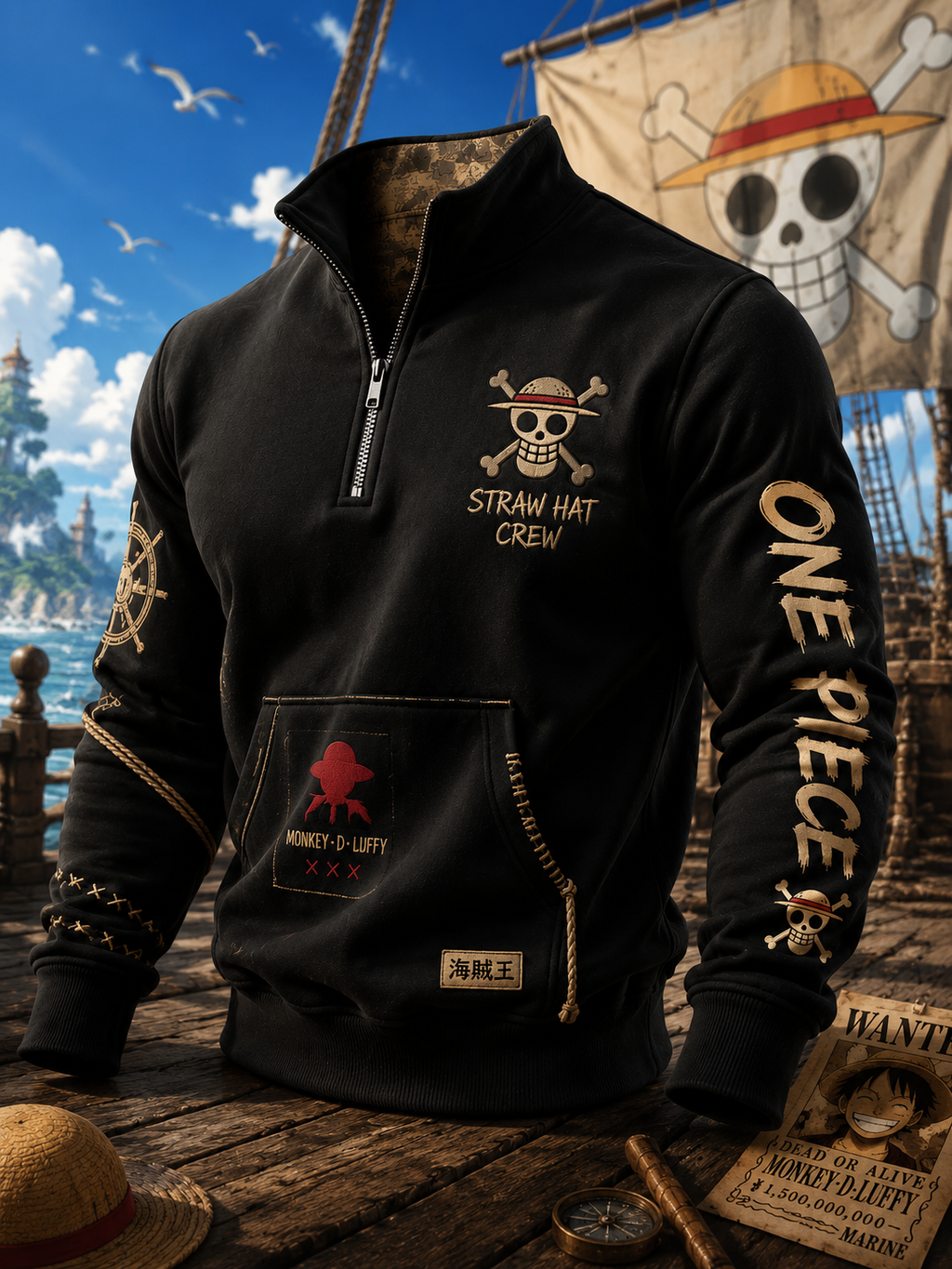 Men's Fleece Half-Zip Pullover Sweatshirt Designed Specifically For Anime Fans.