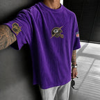 Unisex Loose-Fit Vertical-Stripe Short-Sleeve T-Shirt With Rugby Print