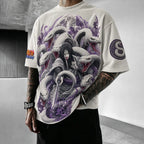 Unisex Oversized Anime-Print Vertical-Stripe Short-Sleeve T-Shirt