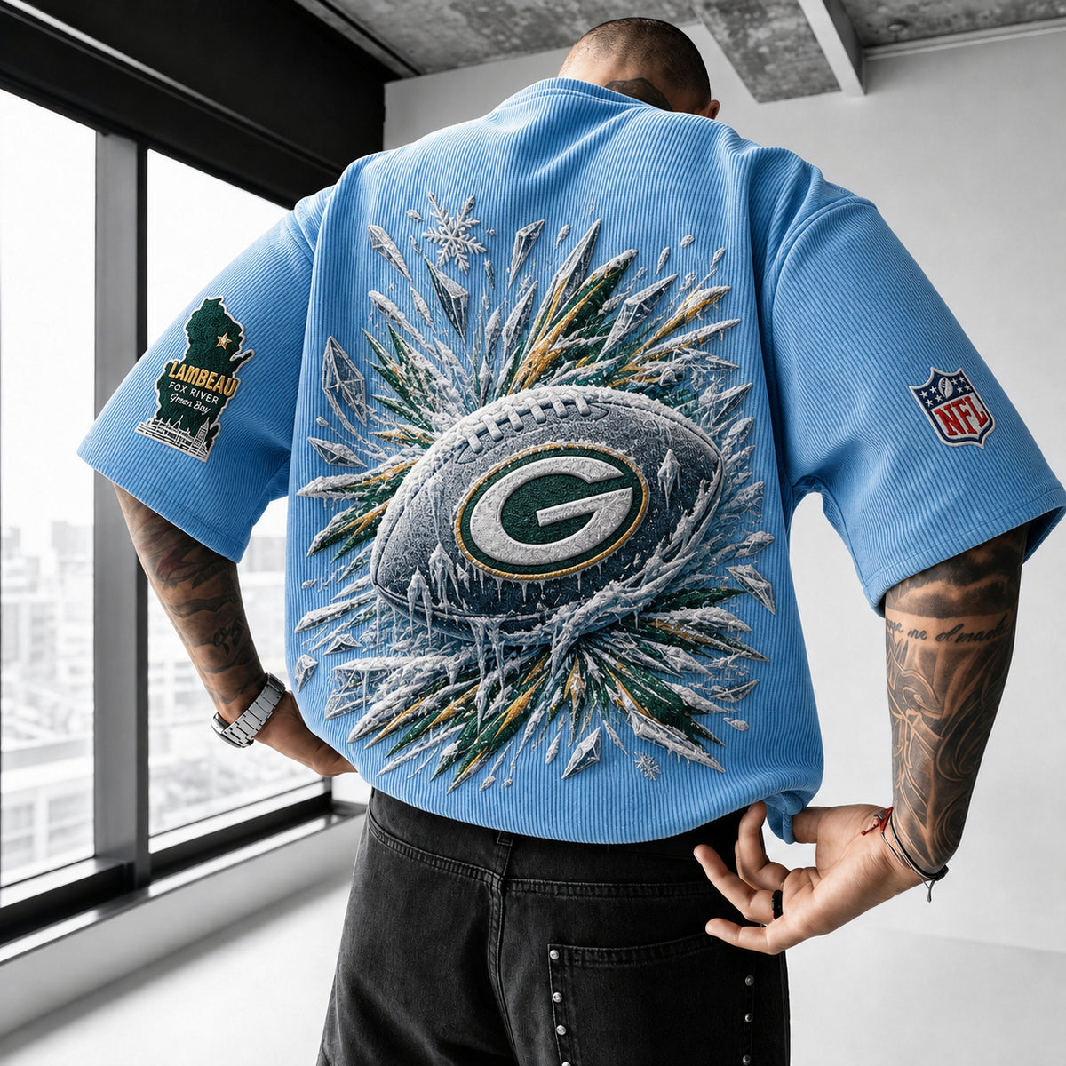 Unisex Loose-Fit Vertical-Stripe Short-Sleeve T-Shirt With Rugby Print
