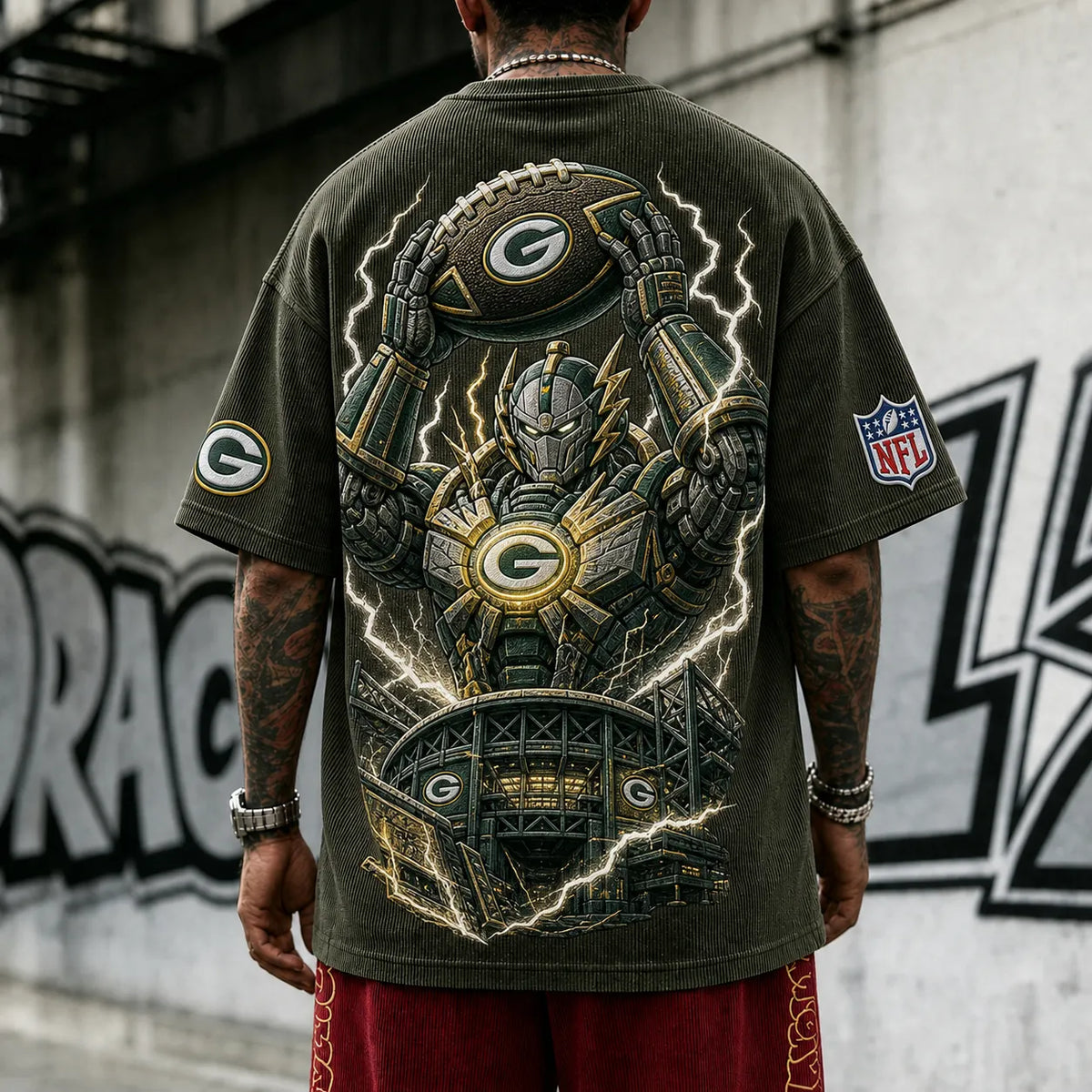 Unisex Loose-Fit Vertical-Stripe Short-Sleeve T-Shirt With Rugby Print