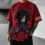 Unisex Oversized Anime-Print Vertical-Stripe Short-Sleeve T-Shirt