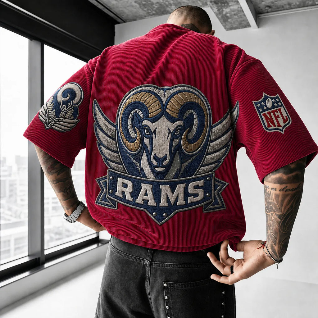 Unisex Loose-Fit Vertical-Stripe Short-Sleeve T-Shirt With Rugby Print