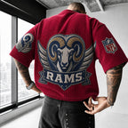 Unisex Loose-Fit Vertical-Stripe Short-Sleeve T-Shirt With Rugby Print