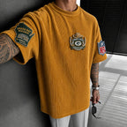 Unisex Loose-Fit Vertical-Stripe Short-Sleeve T-Shirt With Rugby Print