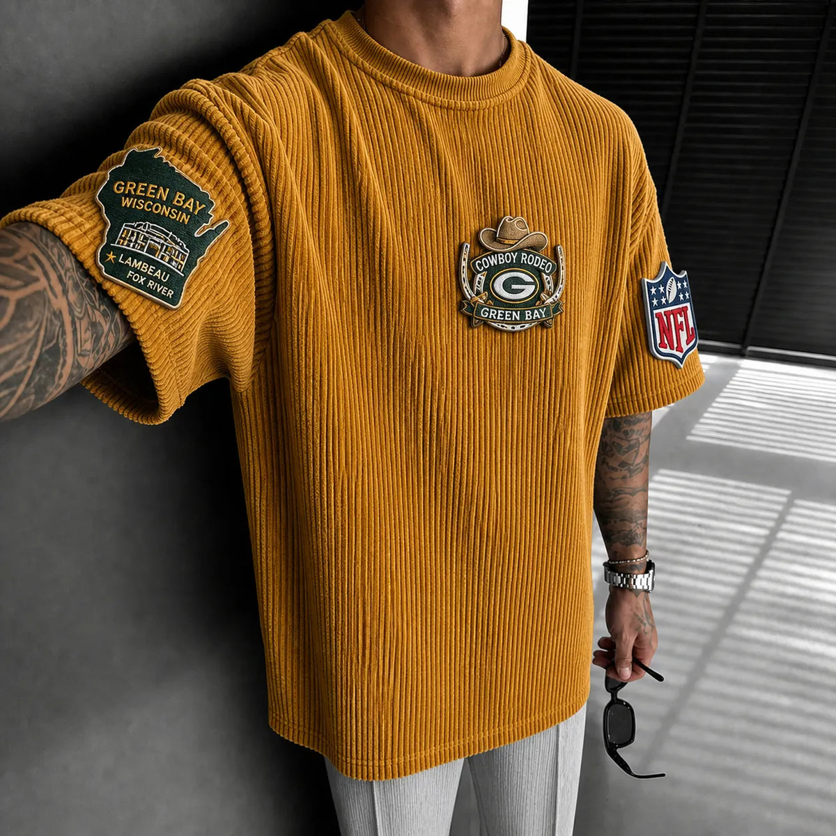 Unisex Loose-Fit Vertical-Stripe Short-Sleeve T-Shirt With Rugby Print