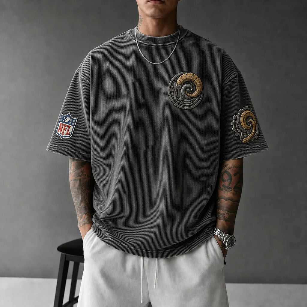 Unisex Rugby Print Loose-Fit Vertical-Stripe Short-Sleeve T-Shirt