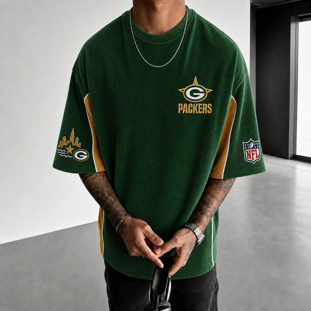 Unisex Loose-Fit Vertical-Stripe Short-Sleeve T-Shirt With Rugby Print