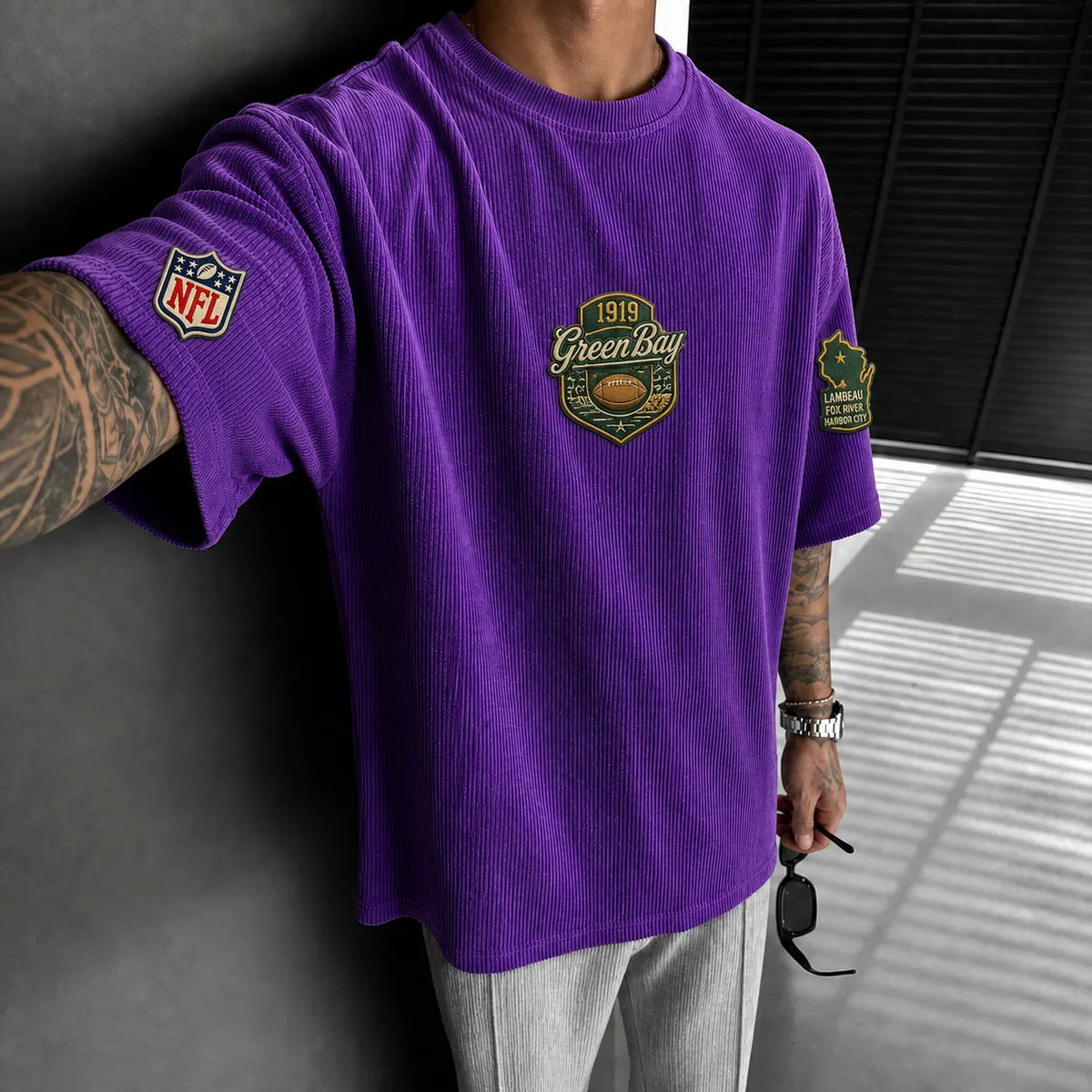 Unisex Loose-Fit Vertical-Stripe Short-Sleeve T-Shirt With Rugby Print