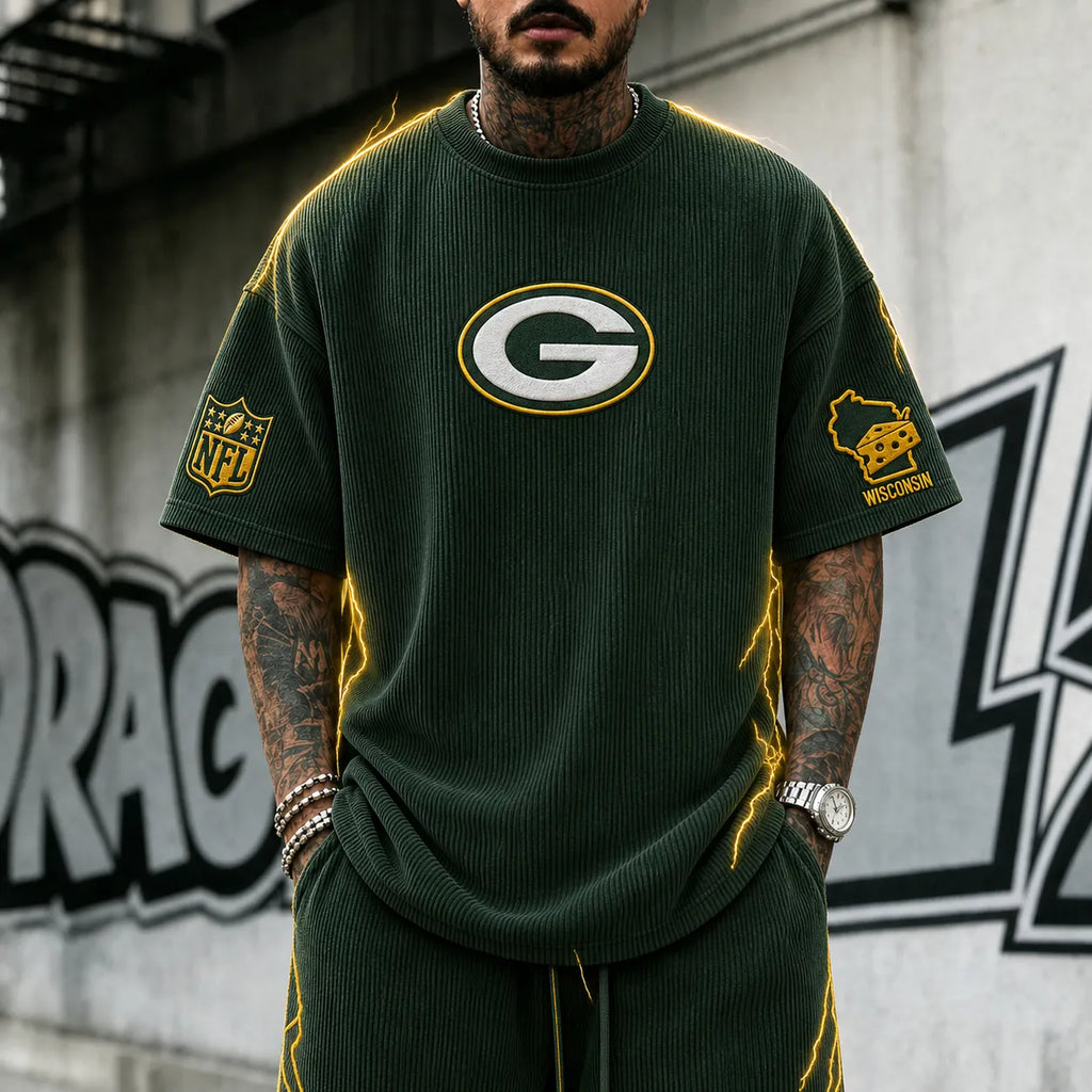 Unisex Loose-Fit Vertical-Stripe Short-Sleeve T-Shirt With Rugby Print