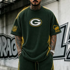 Unisex Loose-Fit Vertical-Stripe Short-Sleeve T-Shirt With Rugby Print