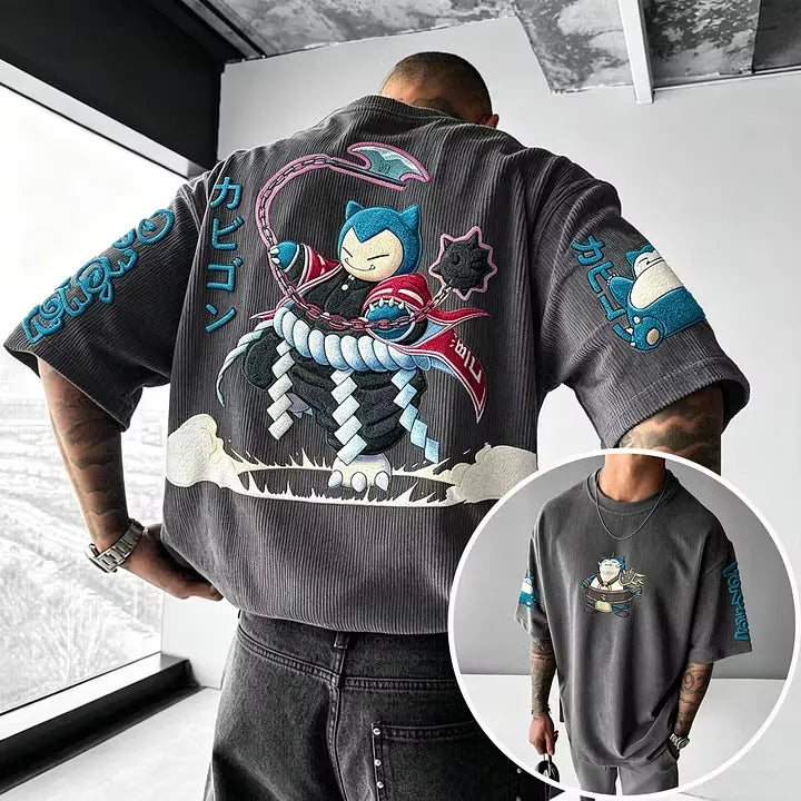 Anime-Inspired Vintage Waffle Knit T-Shirt