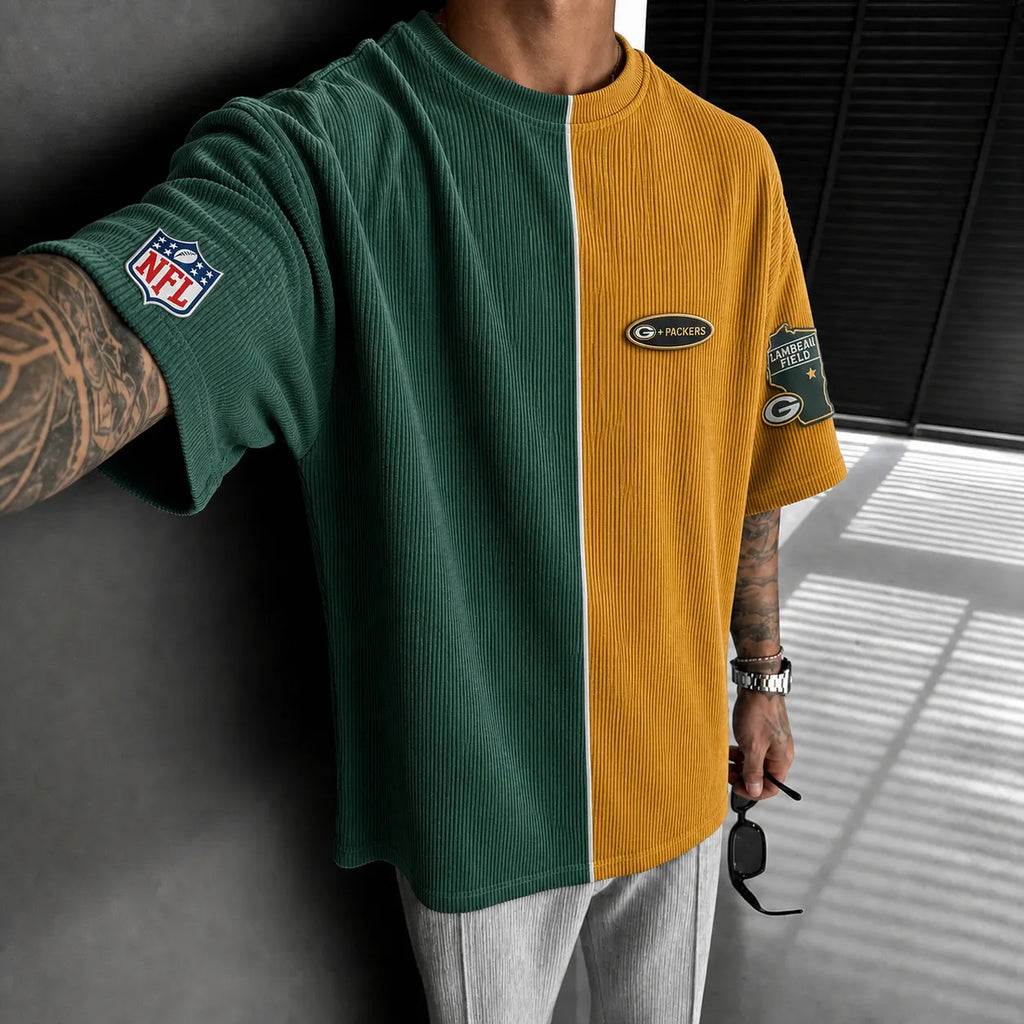 Unisex Loose-Fit Vertical-Stripe Short-Sleeve T-Shirt With Rugby Print