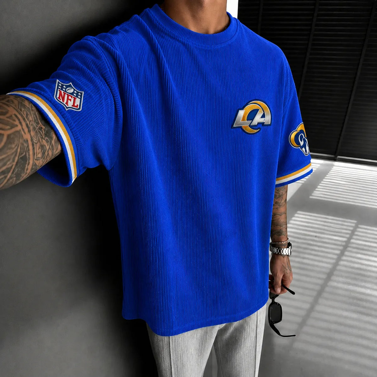 Unisex Loose-Fit Vertical-Stripe Short-Sleeve T-Shirt With Rugby Print
