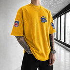 Unisex Loose-Fit Vertical-Stripe Short-Sleeve T-Shirt With Rugby Print