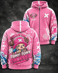 Pink Anime Tony Tony Graphic Full Zip Hoodie