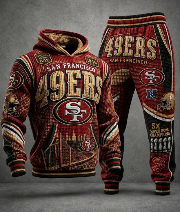 Premium Cotton-Blend Waffle Knit Hoodie And Jogger Set With Football Fans
