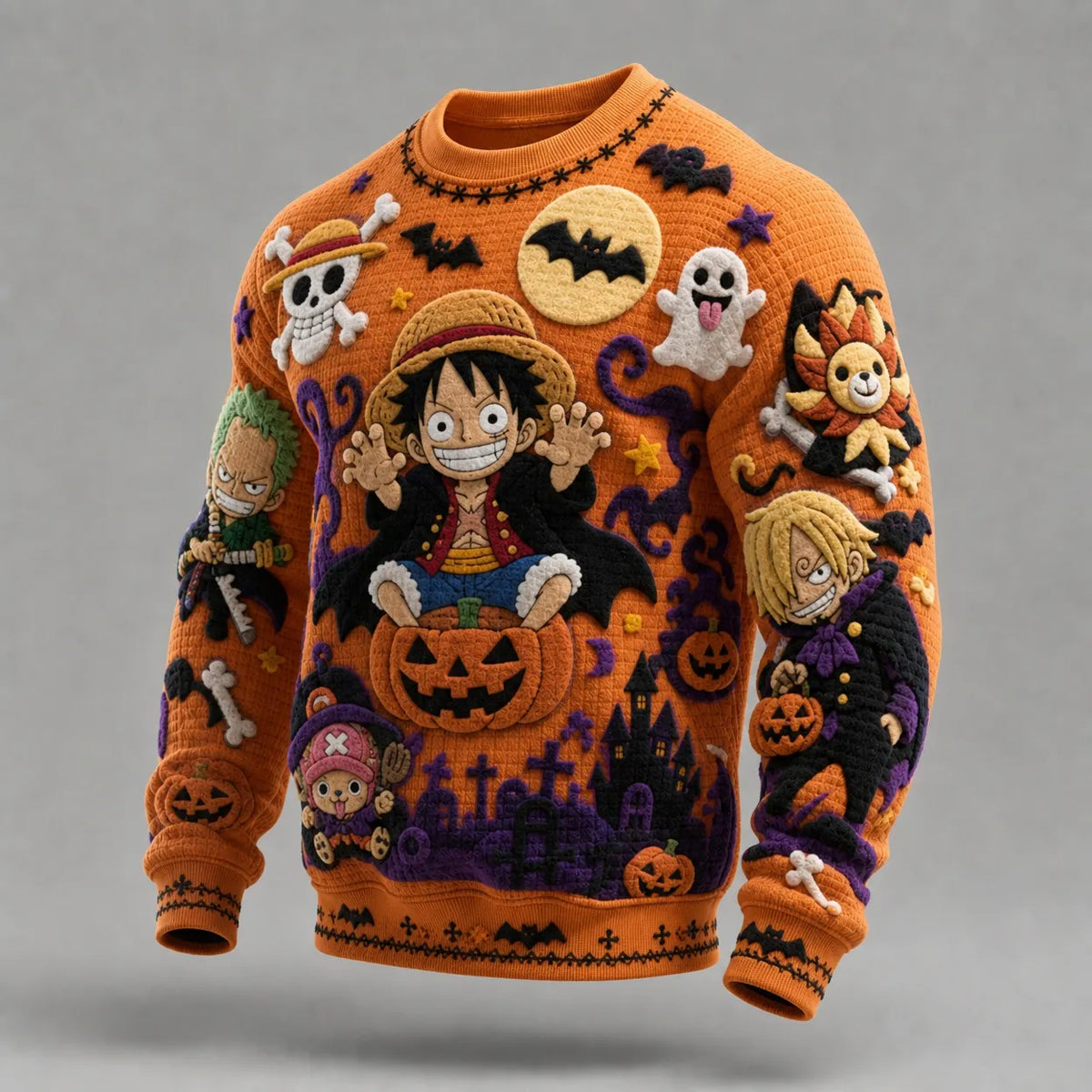 Halloween Anime Themed Textured Crewneck Knit Sweater