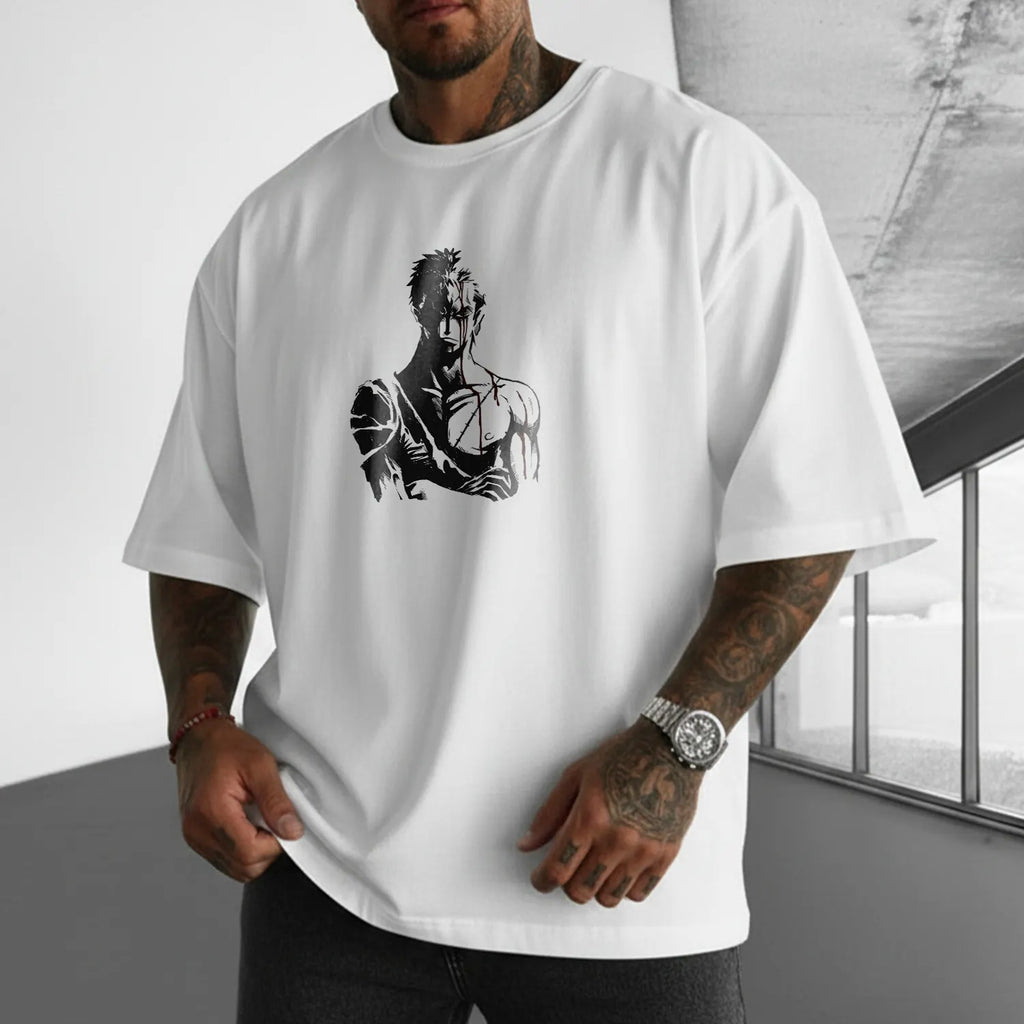 Men's Spring And Summer Loose T-shirt With Personalized Anime Character Embroidery