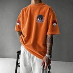 Unisex Oversized Anime-Print Vertical-Stripe Short-Sleeve T-Shirt