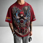 Unisex Oversized Anime-Print Vertical-Stripe Short-Sleeve T-Shirt