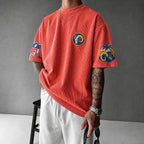 Unisex Loose-Fit Vertical-Stripe Short-Sleeve T-Shirt With Rugby Print