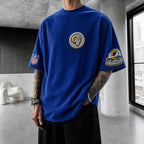 Unisex Loose-Fit Vertical-Stripe Short-Sleeve T-Shirt With Rugby Print