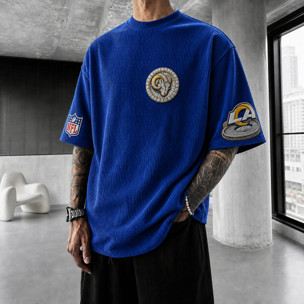 Unisex Loose-Fit Vertical-Stripe Short-Sleeve T-Shirt With Rugby Print