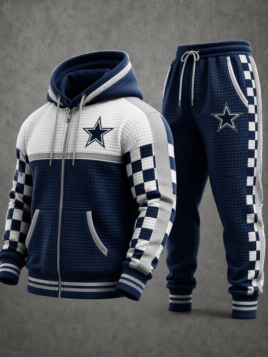 Premium Cotton-Blend Waffle-Knit Hoodie And Joggers Set With Football Print