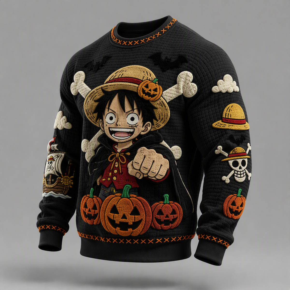 Men's Halloween Anime Embroidered Crewneck Knit Sweater