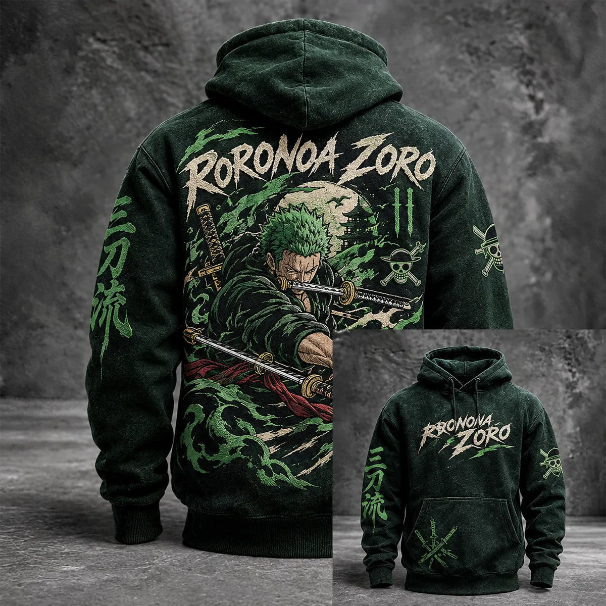 Men's Anime Swordsman Graphic Washed Pullover Hoodie