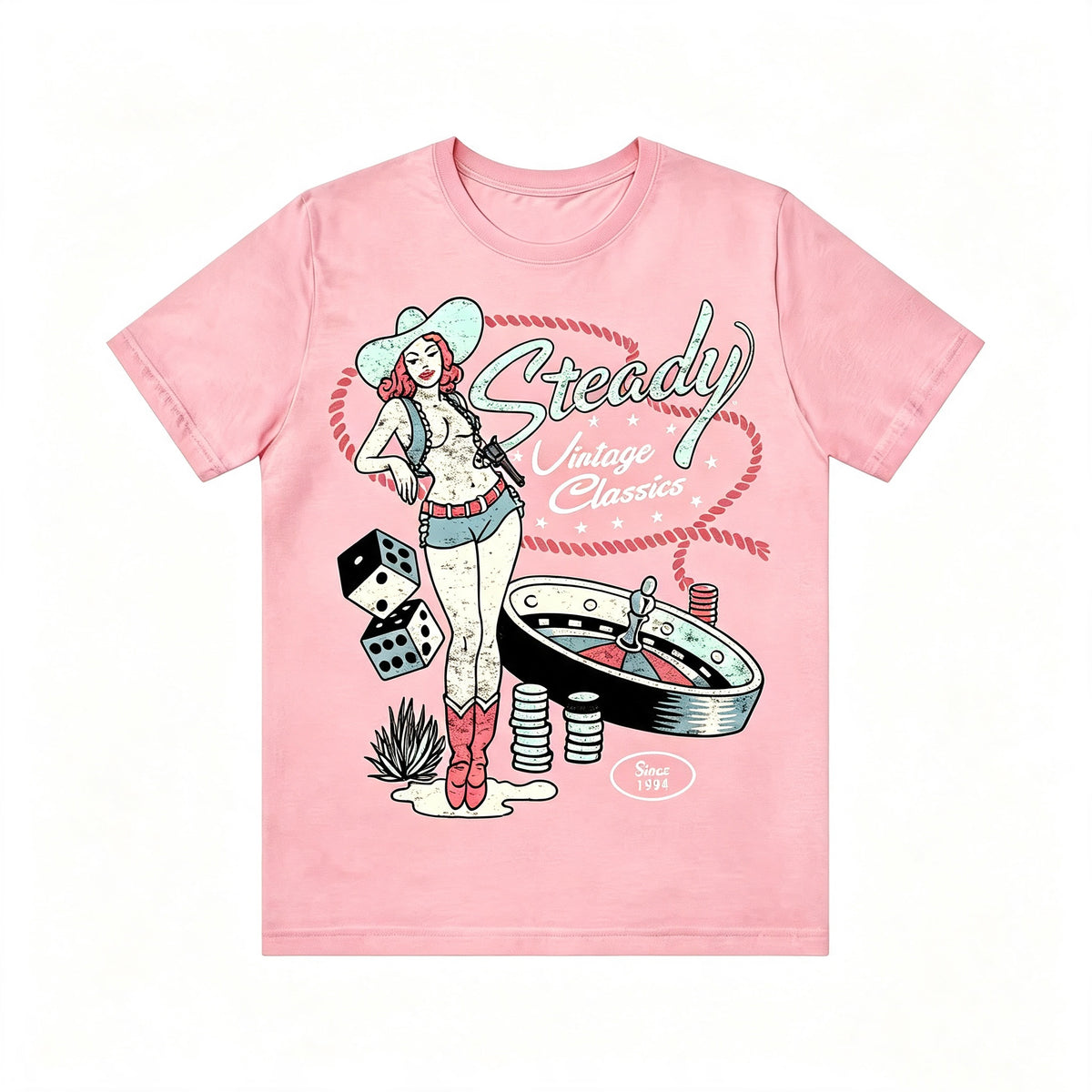 Retro Western Pin‑Up Cowgirl Gambling Dice Roulette Tee