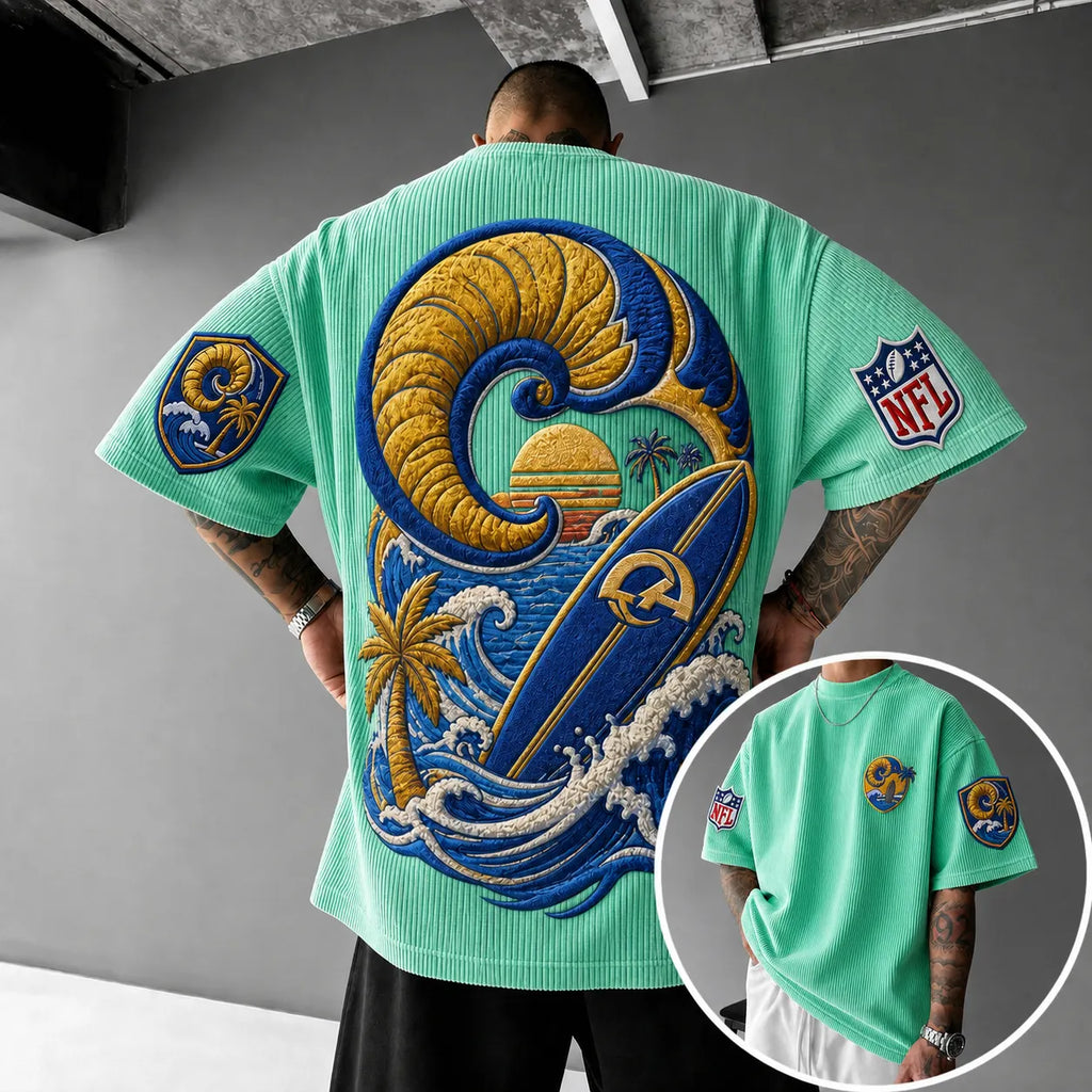 Unisex Loose-Fit Vertical-Stripe Short-Sleeve T-Shirt With Rugby Print