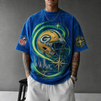 Unisex Loose-Fit Vertical-Stripe Short-Sleeve T-Shirt With Rugby Print