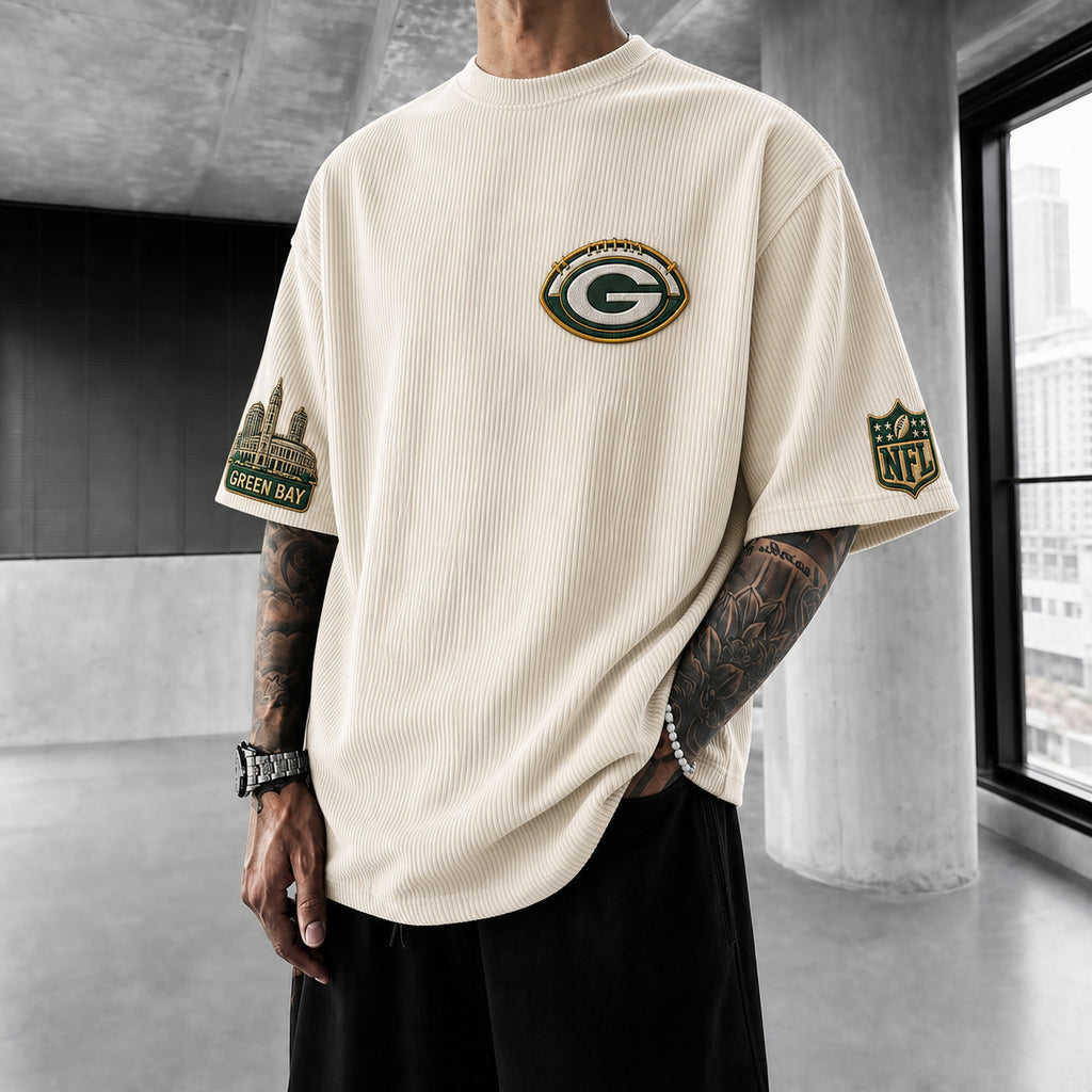 Unisex Loose-Fit Vertical-Stripe Short-Sleeve T-Shirt With Rugby Print