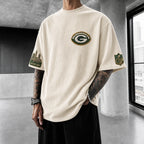 Unisex Loose-Fit Vertical-Stripe Short-Sleeve T-Shirt With Rugby Print