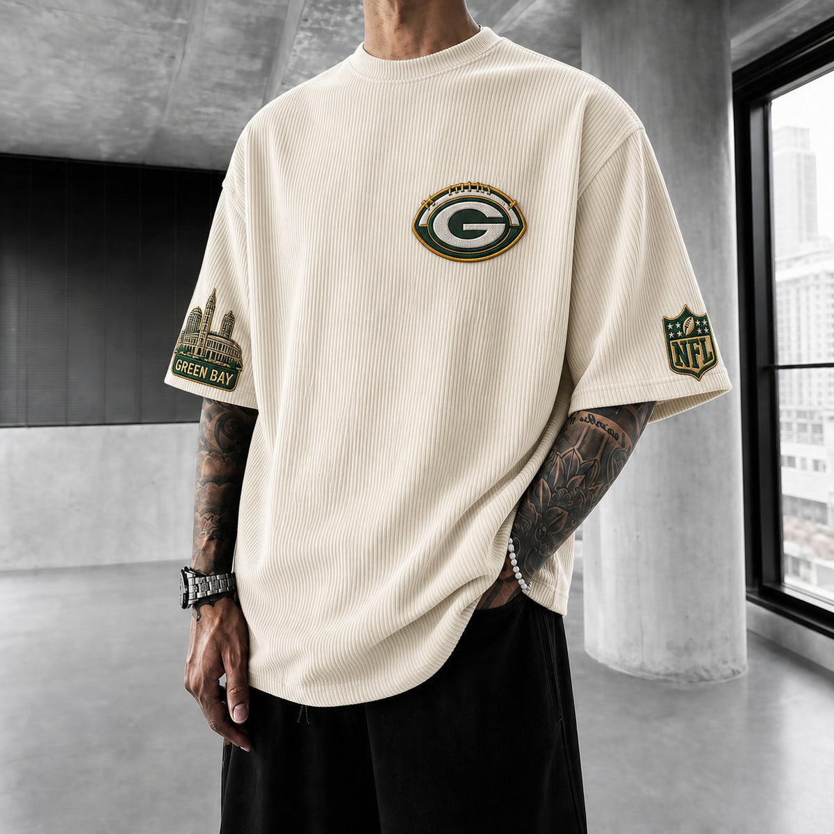 Unisex Loose-Fit Vertical-Stripe Short-Sleeve T-Shirt With Rugby Print