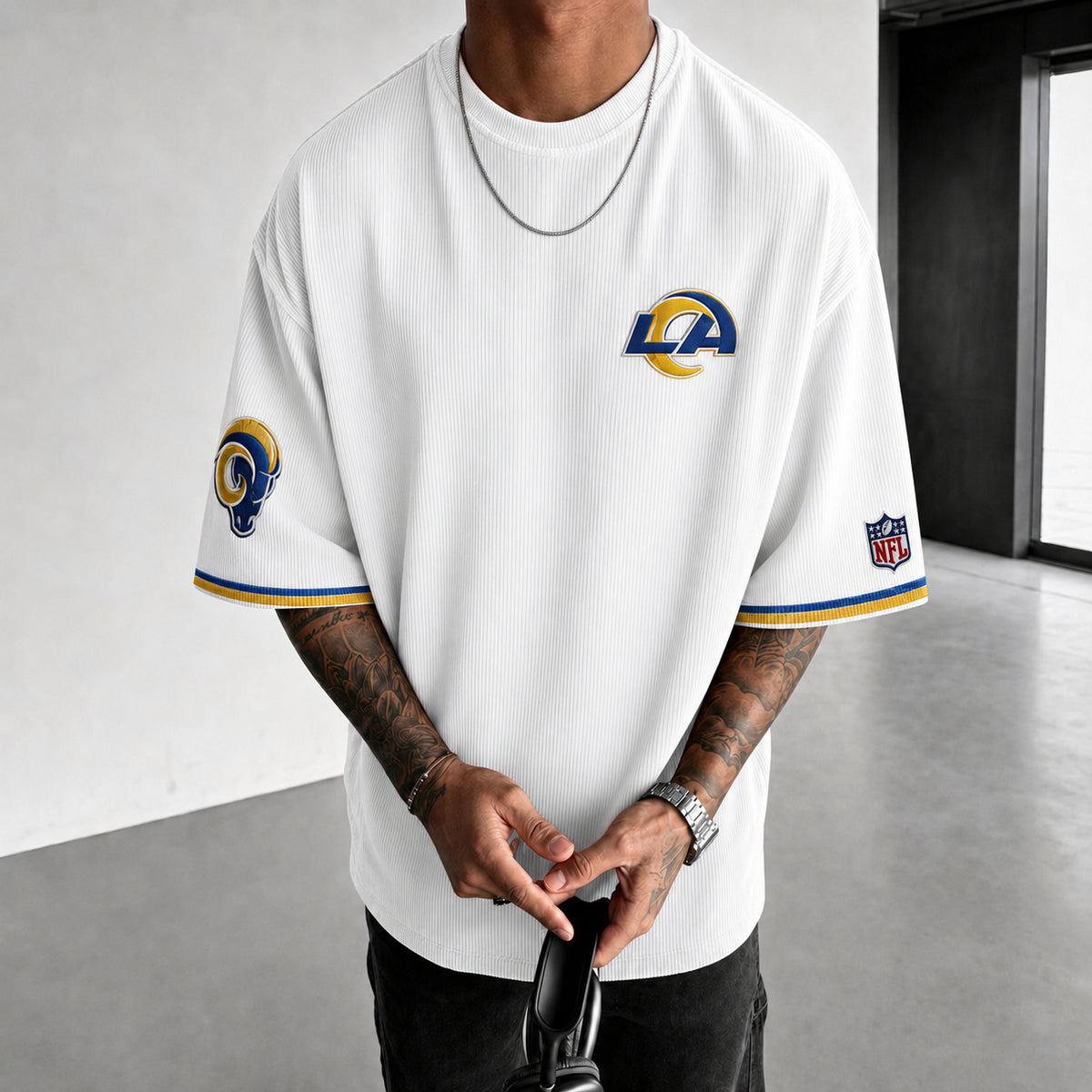 Unisex Loose-Fit Vertical-Stripe Short-Sleeve T-Shirt With Rugby Print
