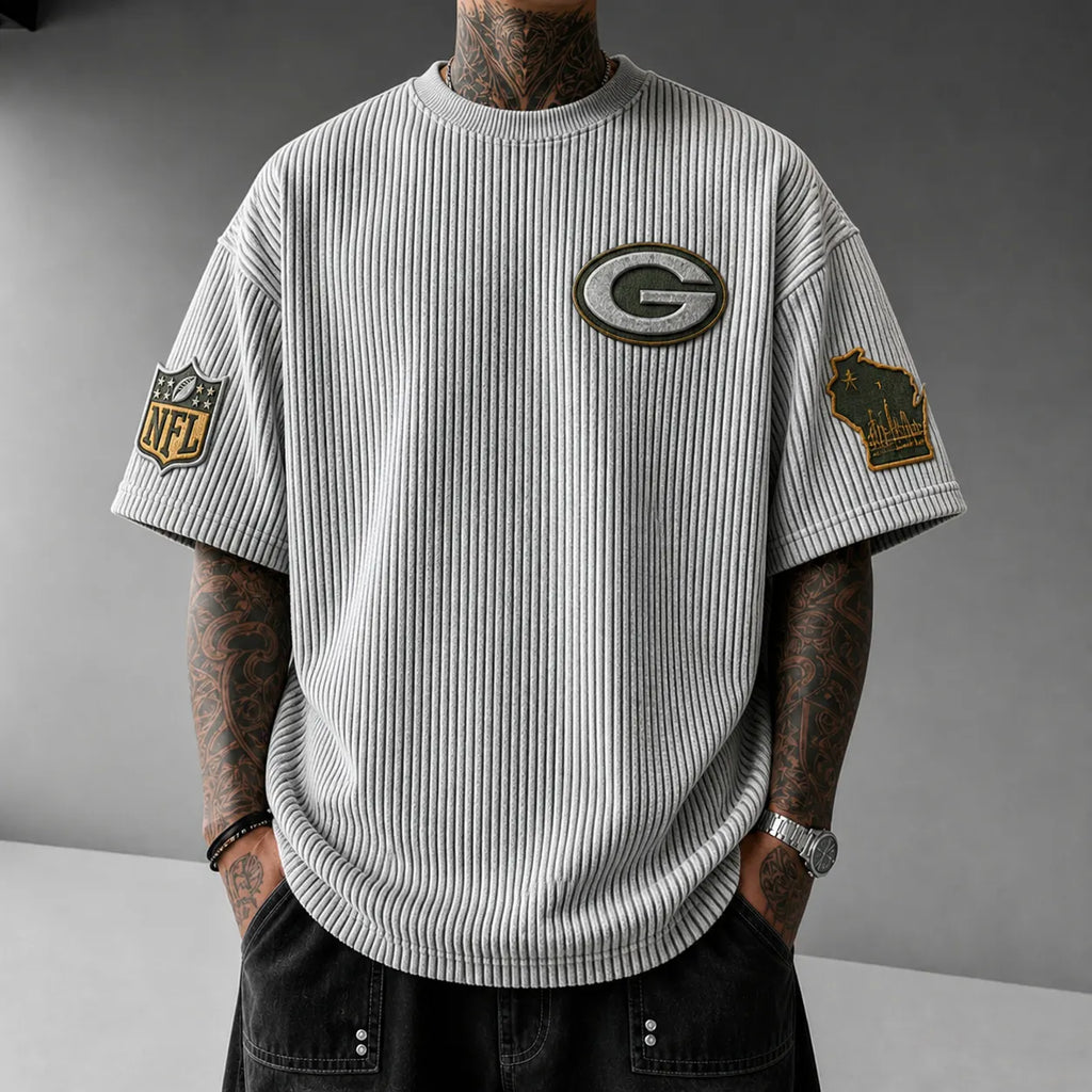 Unisex Loose-Fit Vertical-Stripe Short-Sleeve T-Shirt With Rugby Print