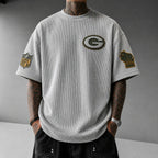 Unisex Loose-Fit Vertical-Stripe Short-Sleeve T-Shirt With Rugby Print
