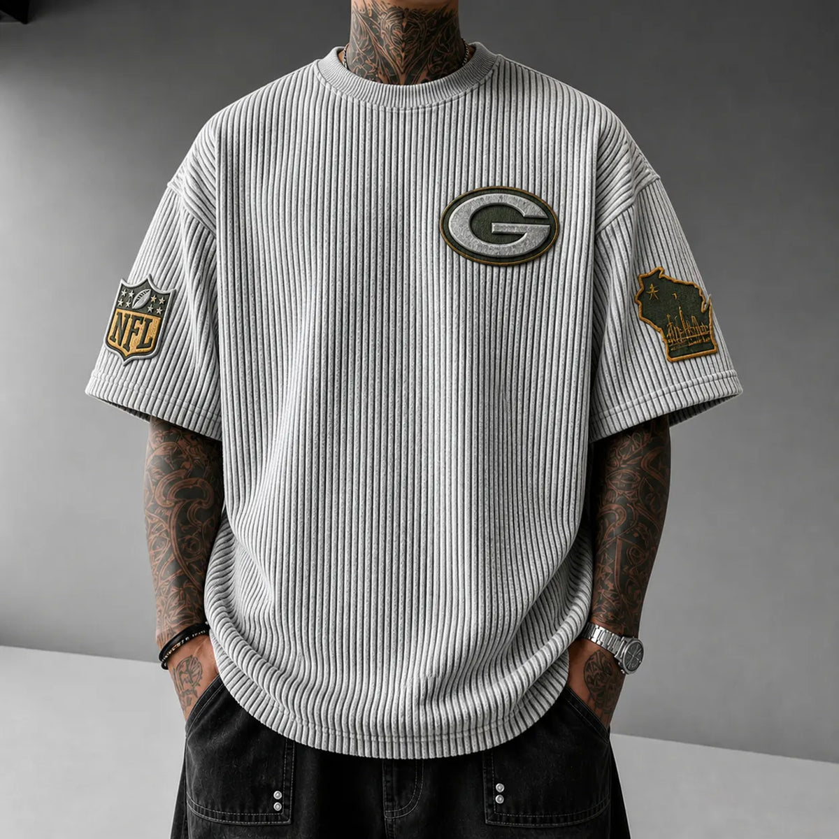 Unisex Loose-Fit Vertical-Stripe Short-Sleeve T-Shirt With Rugby Print