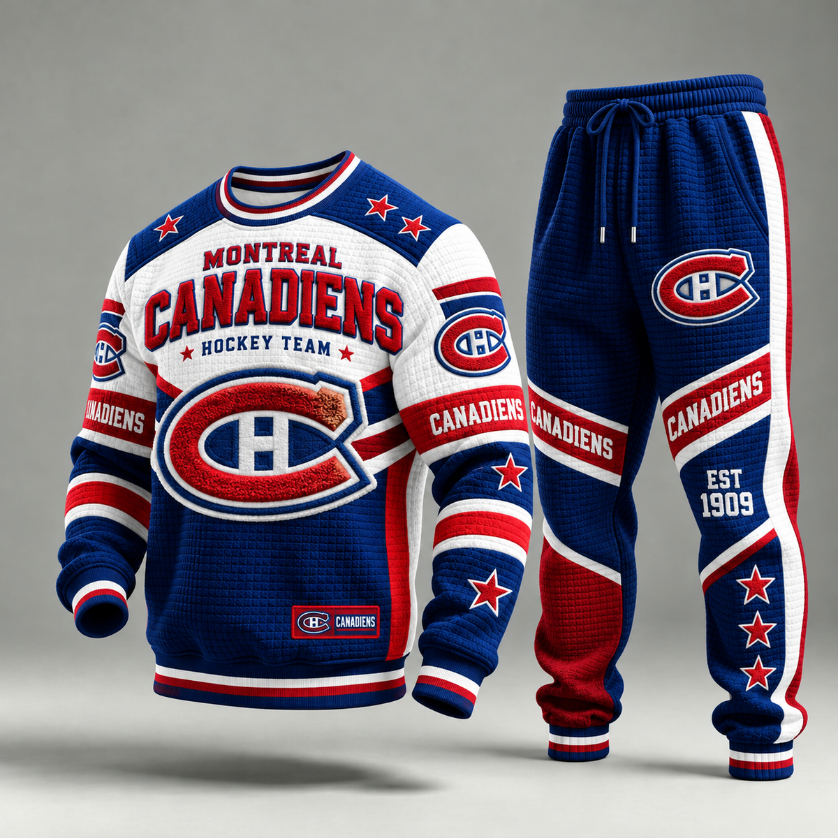 Men's Blue Red And White Quilted Sweatshirt And Sweatpants Tracksuit Set