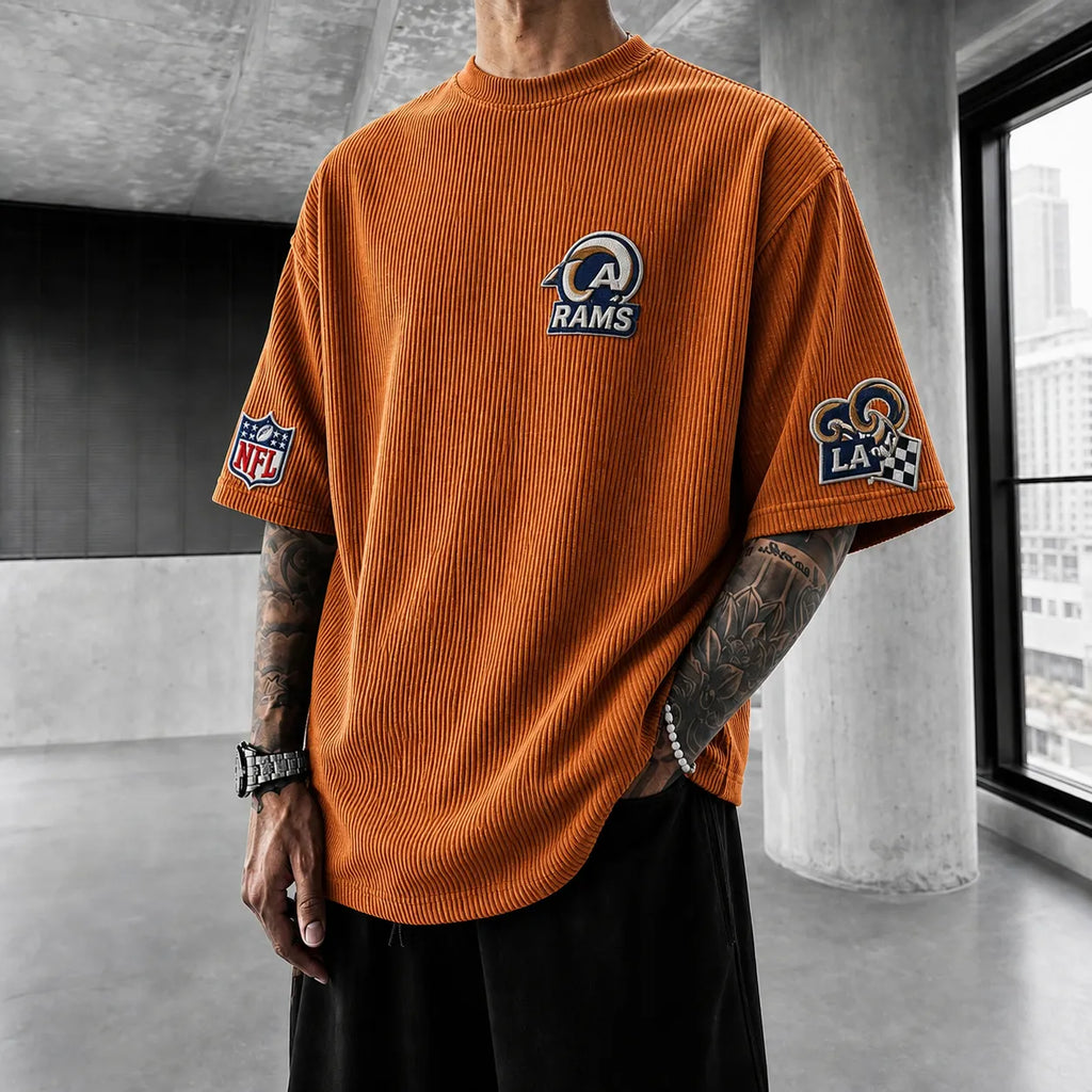 Unisex Loose-Fit Vertical-Stripe Short-Sleeve T-Shirt With Rugby Print