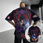Unisex Oversized Anime-Print Vertical-Stripe Short-Sleeve T-Shirt