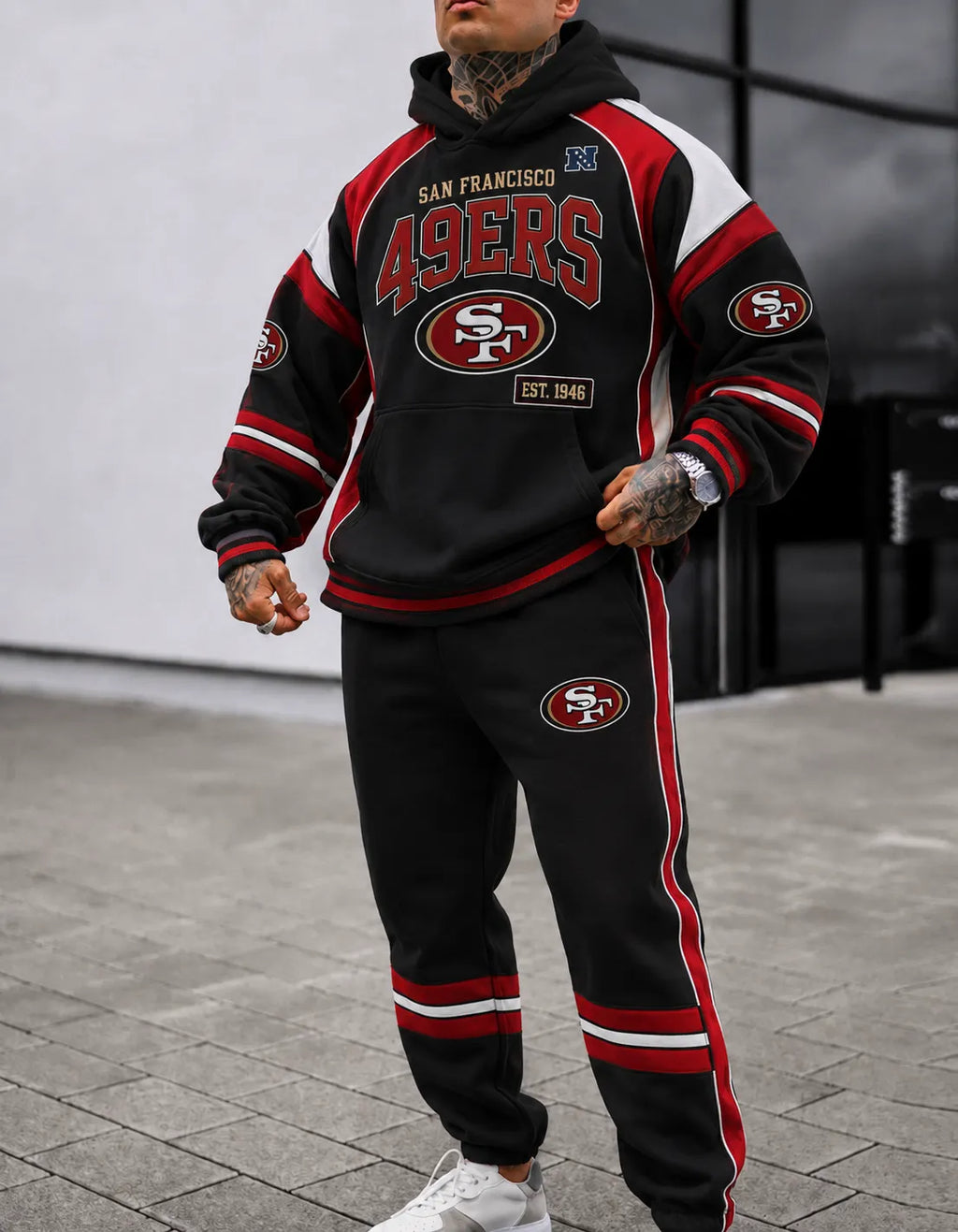 Premium Cotton-Blend Waffle Knit Hoodie And Jogger Set With Football Fans