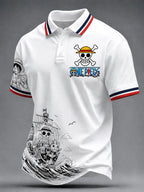 Red Pique Cotton Polo Shirt With Embroidered Skull & Swords