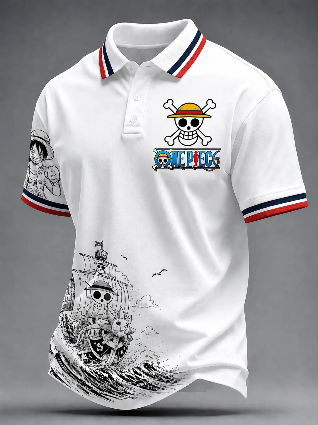 Red Pique Cotton Polo Shirt With Embroidered Skull & Swords