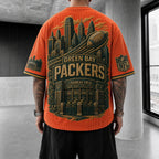 Unisex Loose-Fit Vertical-Stripe Short-Sleeve T-Shirt With Rugby Print
