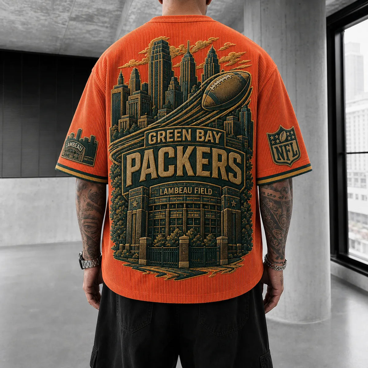 Unisex Loose-Fit Vertical-Stripe Short-Sleeve T-Shirt With Rugby Print